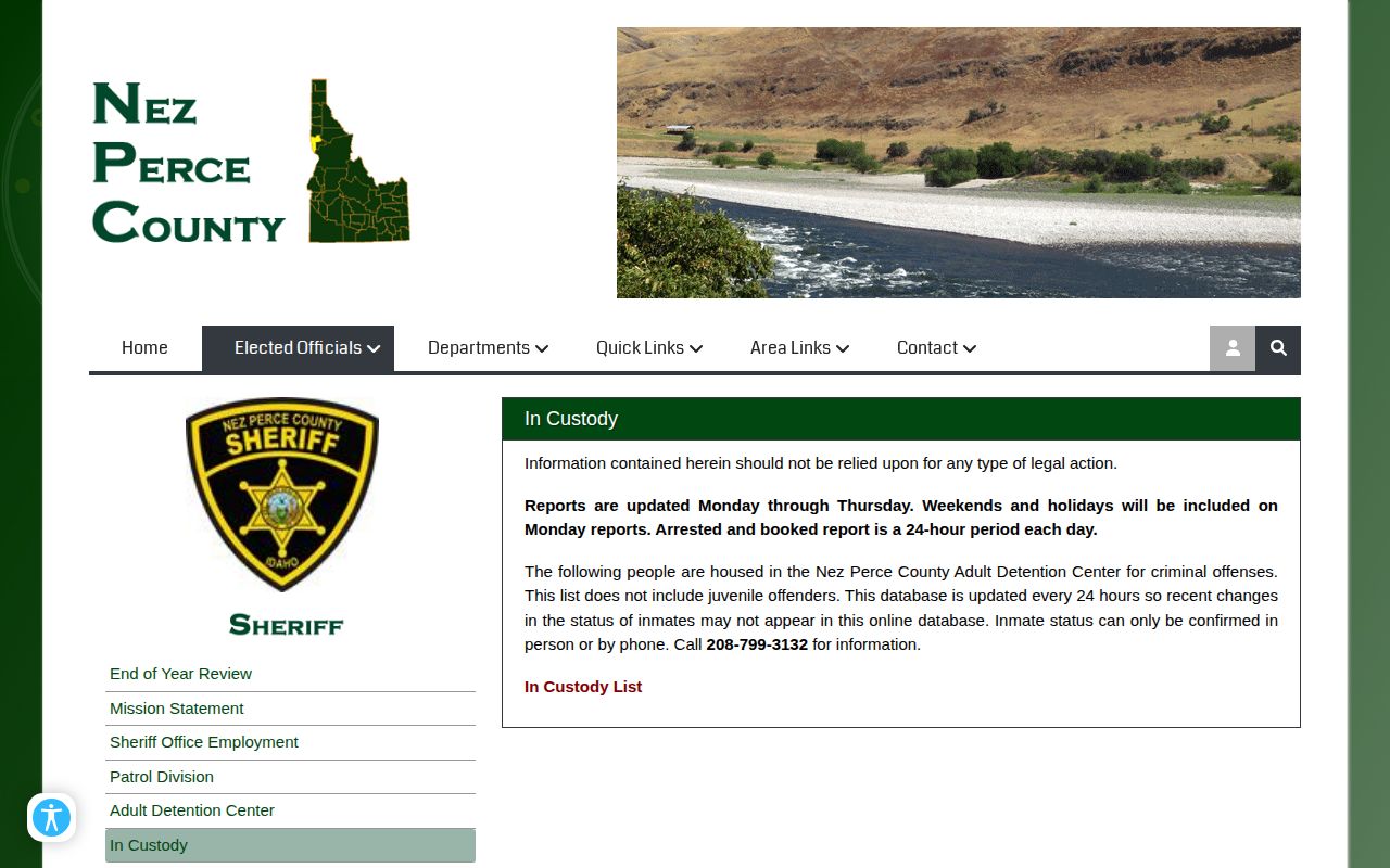 Nez Perce County Sheriff In Custody page with roster guidance