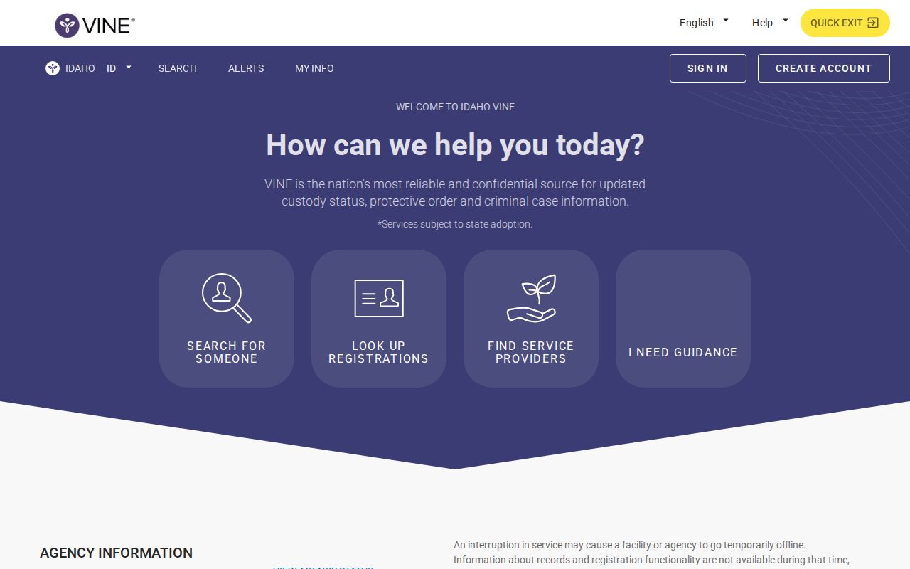 Idaho VINELink custody search interface
