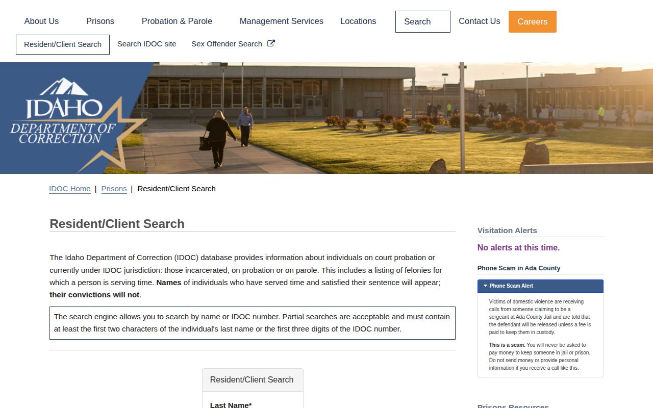 Idaho Department of Correction Resident Client Search fields