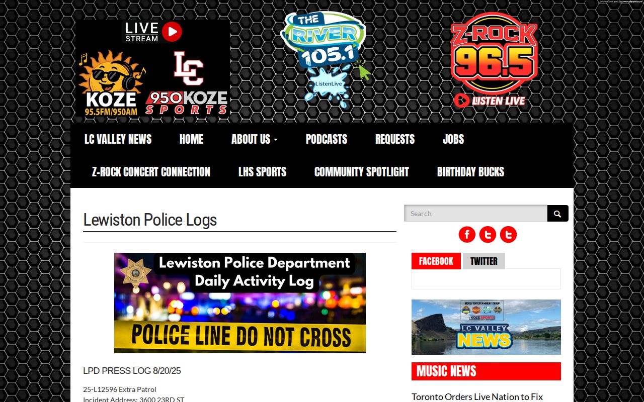 KOZE Lewiston Police Logs dated activity page