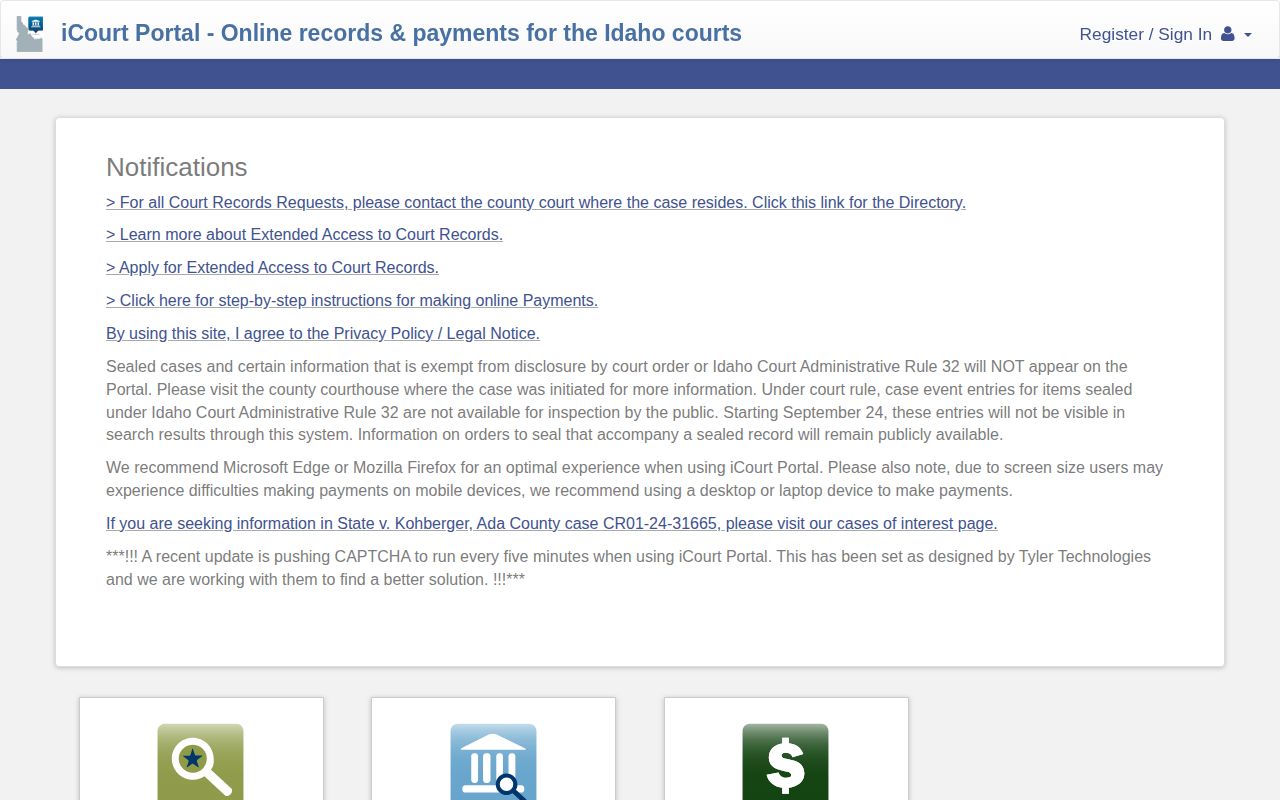 Idaho Odyssey court case search interface